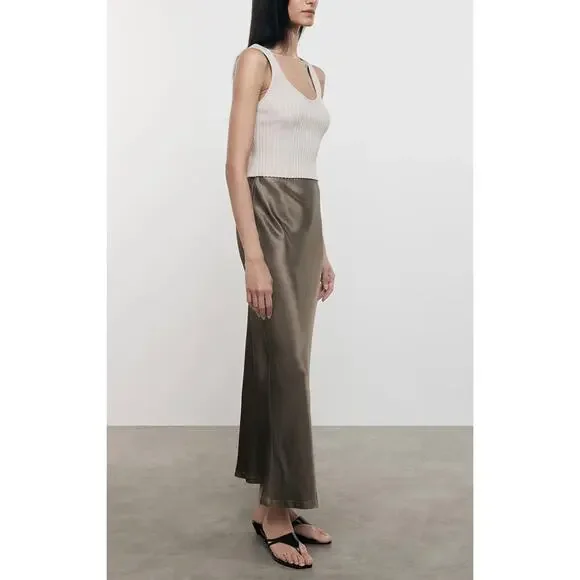 ENZA COSTA Satin Bias Cut Skirt Womens Small 1 Shiitake Brown Midi Pull on Slip - Picture 3 of 16